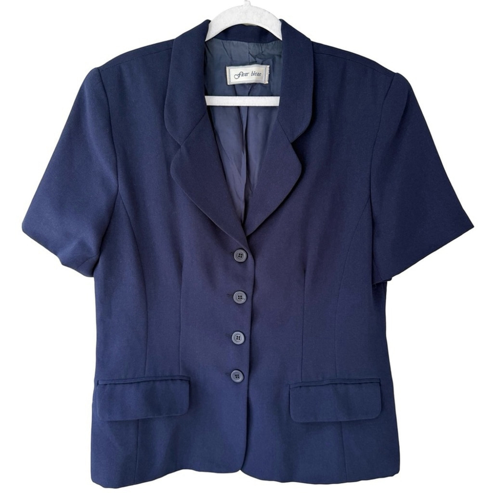 Flour Bleue Navy Blue Short Sleeve Blazer Size 10 Vintage Minimalist 90s Office